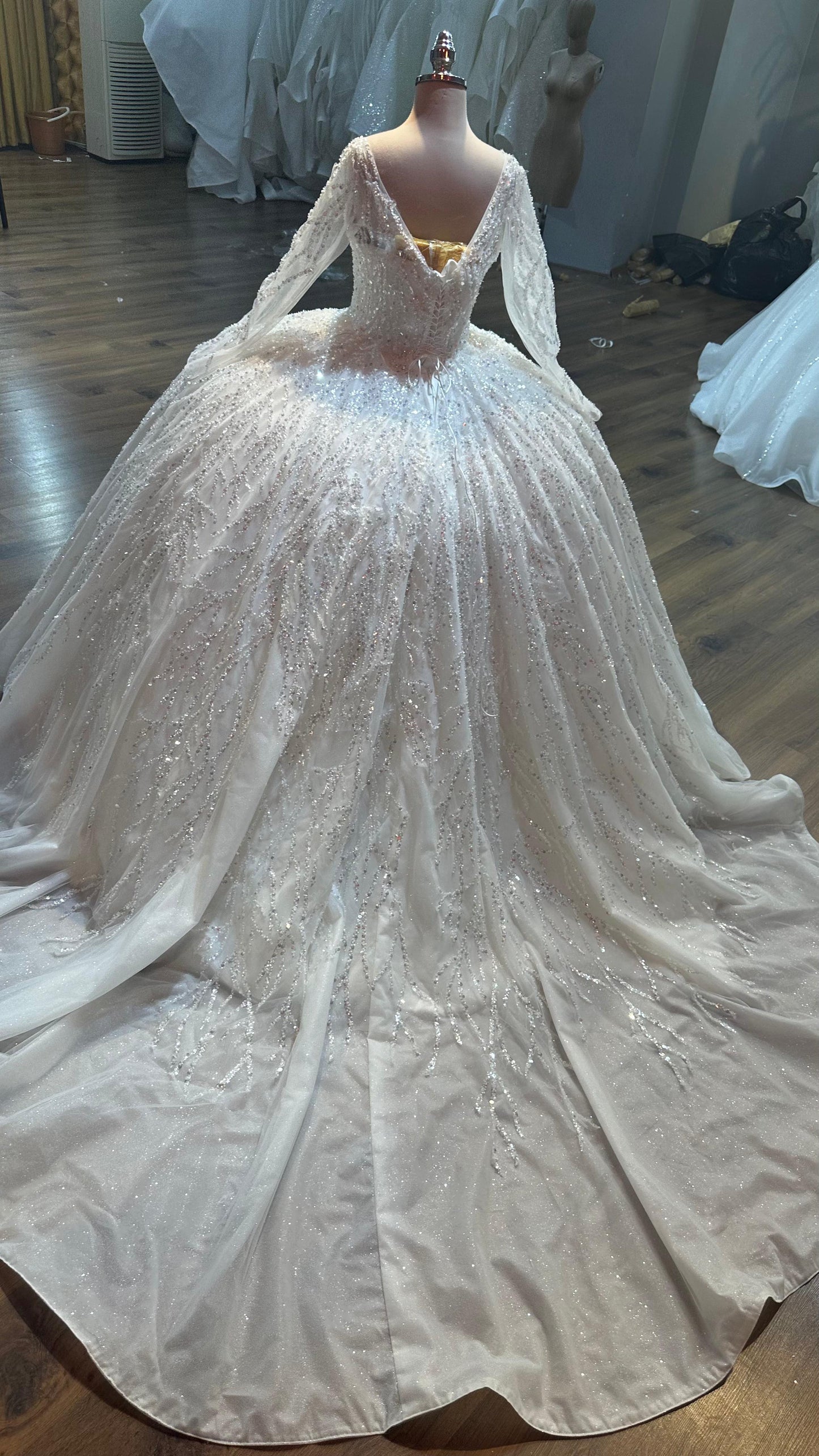 Robe de Mariée Princesse Luxury, Pailleté, Manches Longues, Col Bateau avec Traîne