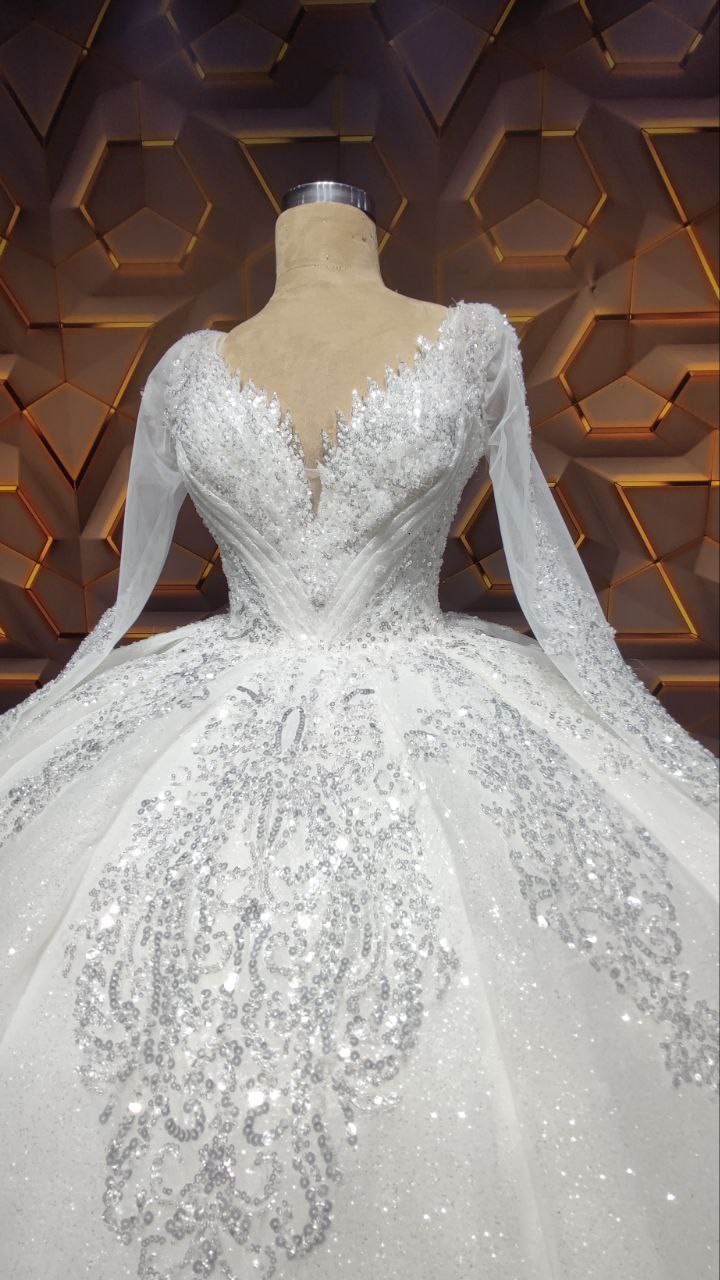 Robe de Mariée Princesse Luxury en Tulle, Col V, Manches Longues avec Traîne