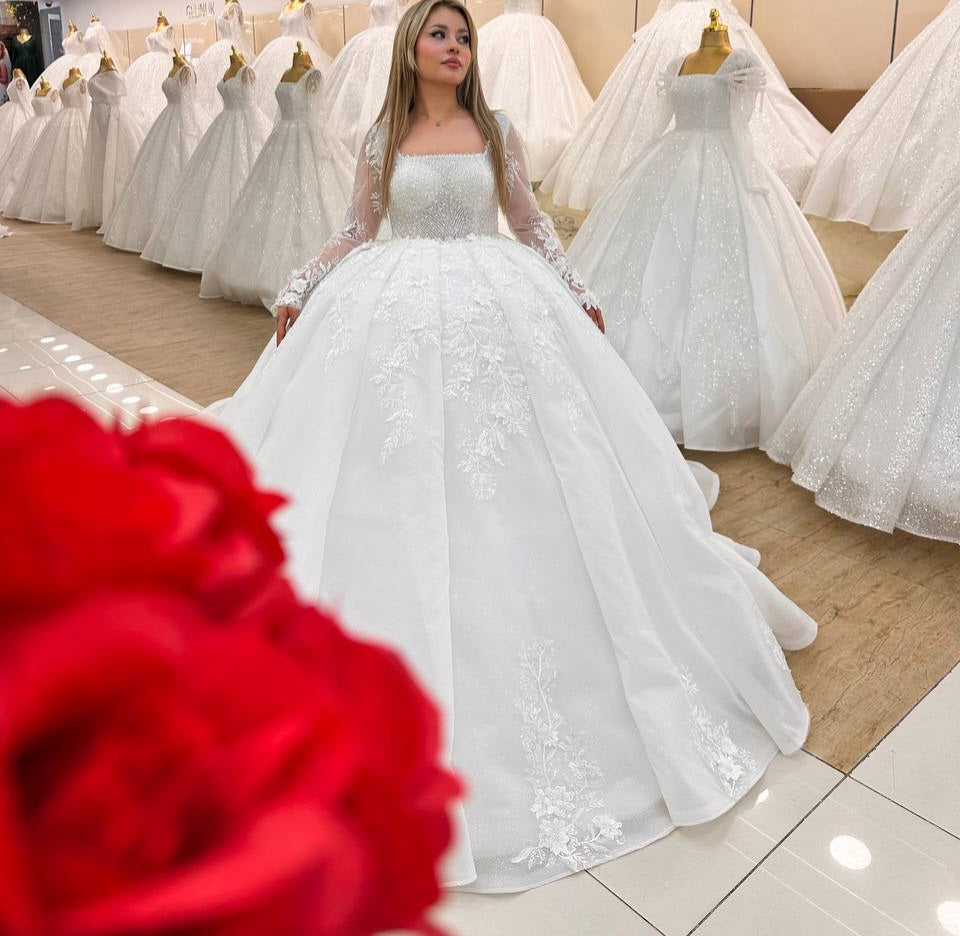 Robe de Mariée Princesse Luxury, Paillettes, Manches Longues