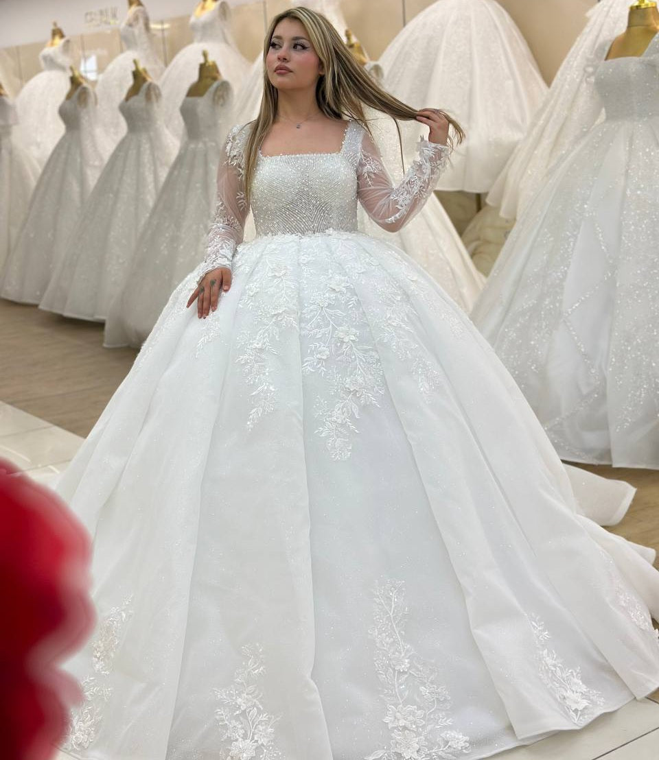 Robe de Mariée Princesse Luxury, Paillettes, Manches Longues