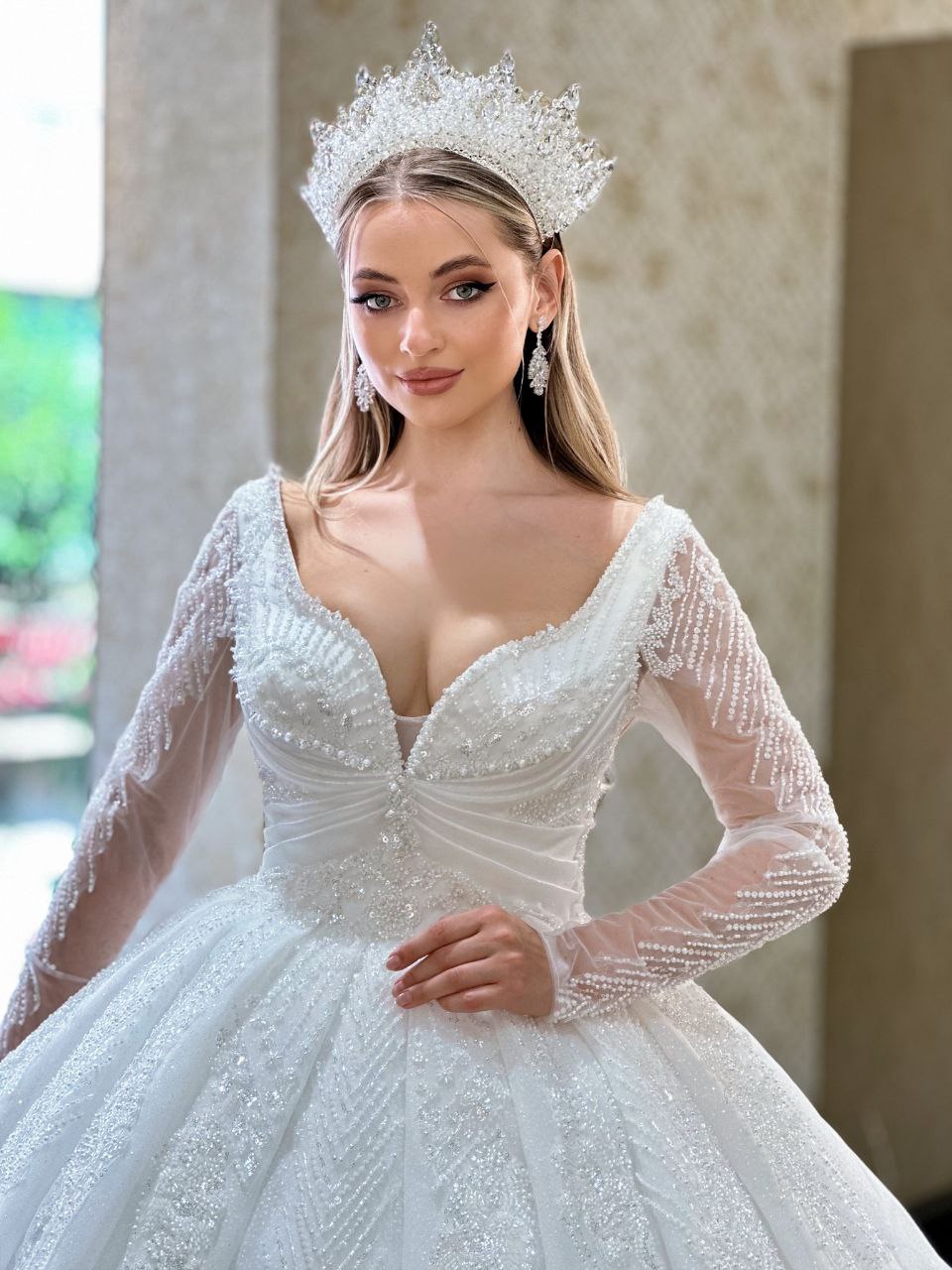 Robe de Mariée Princesse Luxury, Paillettes, Manches Longues