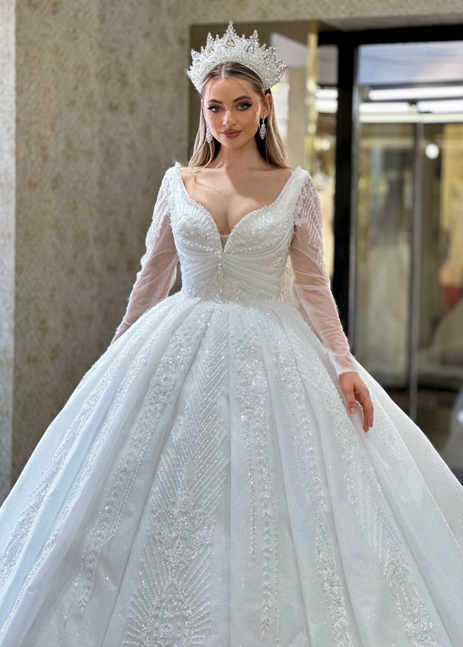 Robe de Mariée Princesse Luxury, Paillettes, Manches Longues