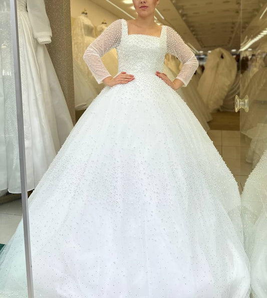 Robe de Mariée Princesse Luxury Dentelle, Manches Longues, Col Carré