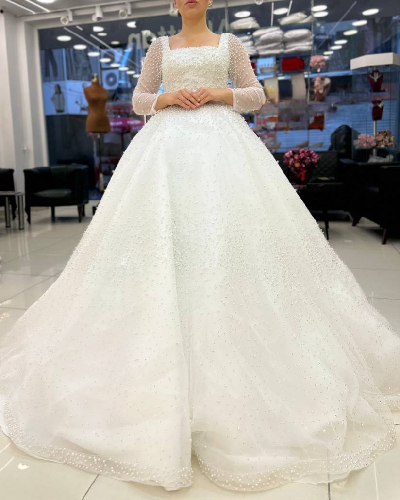 Robe de Mariée Princesse Luxury Dentelle, Manches Longues, Col Carré