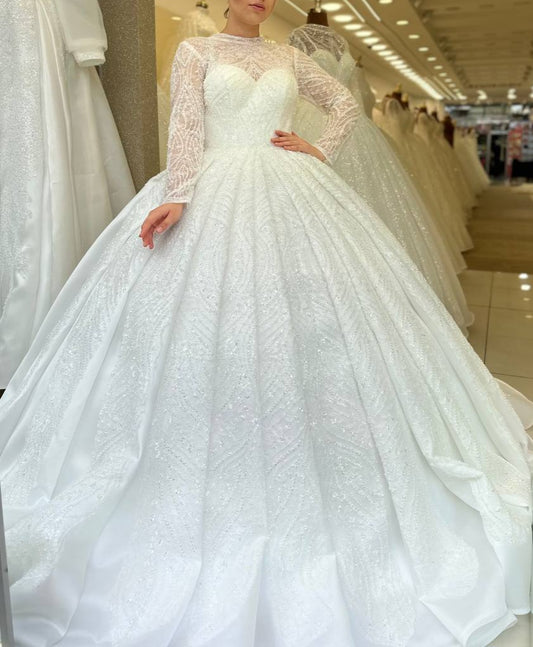 Robe de Mariée Princesse Luxury Dentelle, Manches Longues, Col Cœur